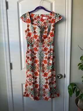 Anthropologie Floral Cap-Sleeve Midi Dress in Orange, Green, White